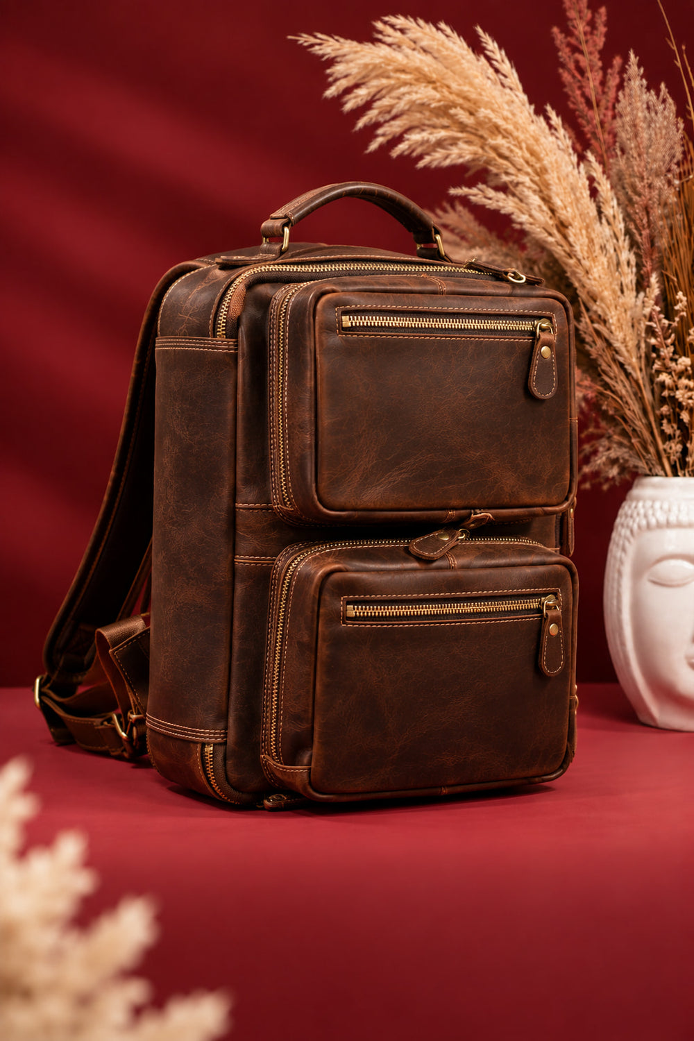 2-in-1 Convertible Leather Laptop Bag & Backpack in Espresso, backpack mode, front