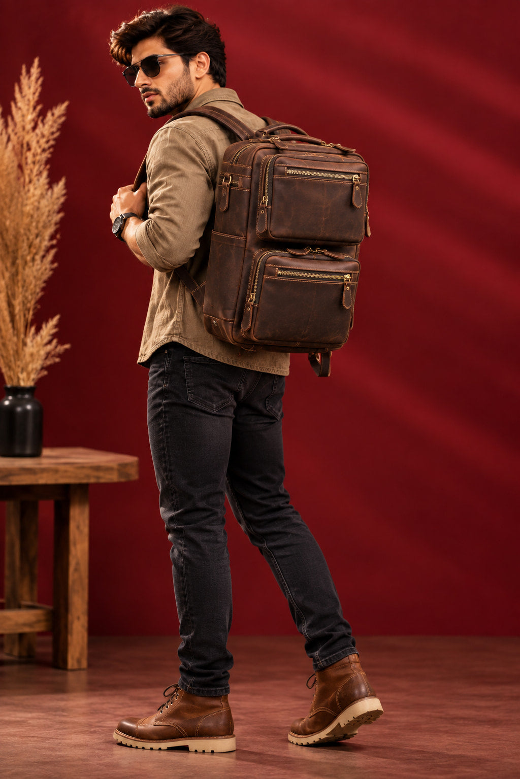 2-in-1 Convertible Leather Laptop Bag & Backpack in Espresso, worn as a backpack
