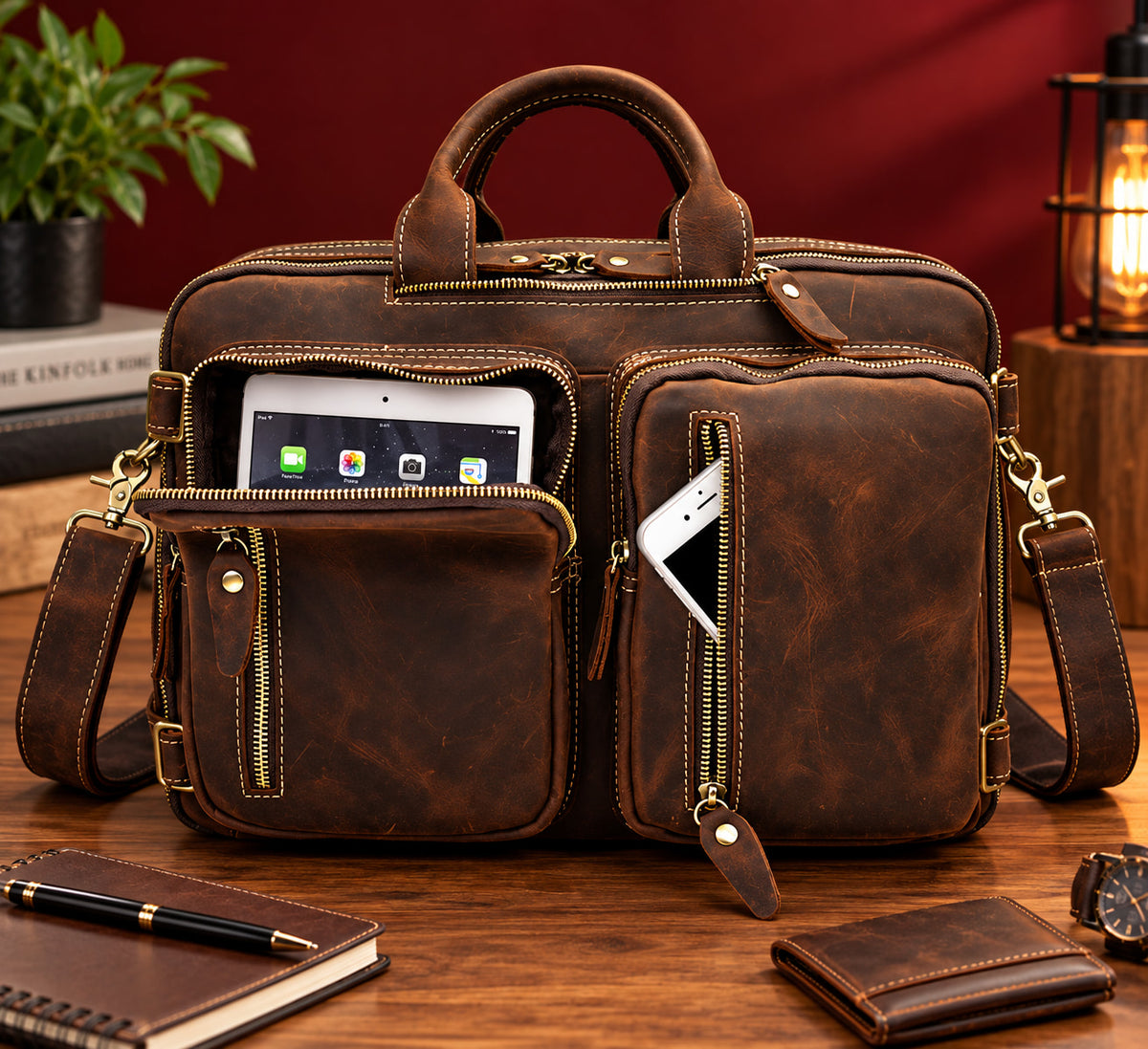 2-in-1 Convertible Leather Laptop Bag & Backpack in Espresso, briefcase mode with tablet and phone pockets