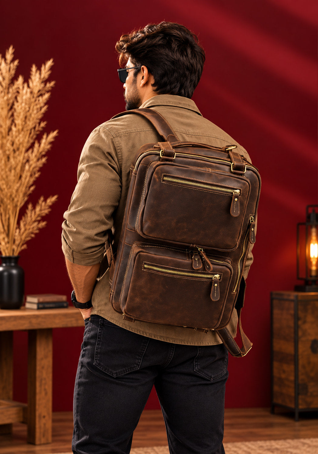 2-in-1 Convertible Leather Laptop Bag & Backpack in Espresso, worn on the back