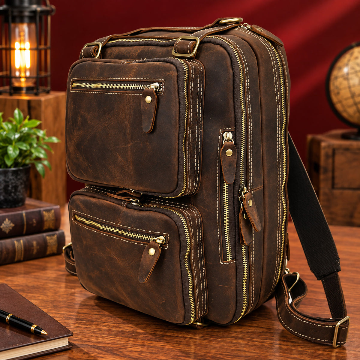 2-in-1 Convertible Leather Laptop Bag & Backpack in Espresso, backpack mode, three-quarter view