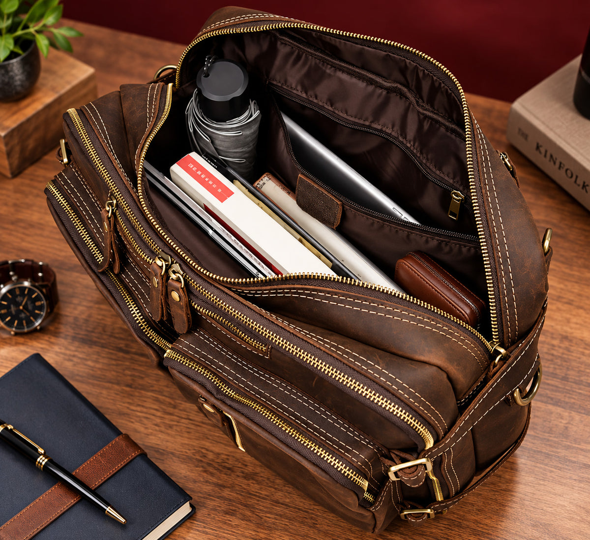 2-in-1 Convertible Leather Laptop Bag & Backpack in Espresso, main compartment, packed