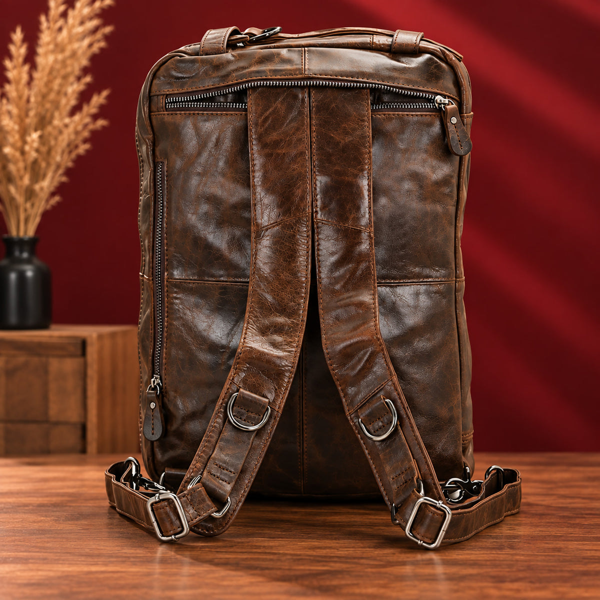 2-in-1 Convertible Leather Laptop Bag & Backpack in Espresso, back panel and straps