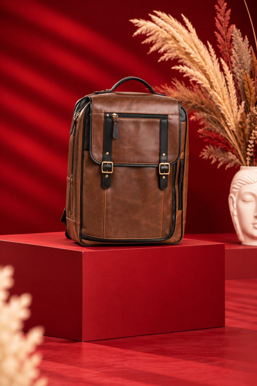2-in-1 Convertible Leather Laptop Bag & Backpack in Saddle Brown, backpack mode, front