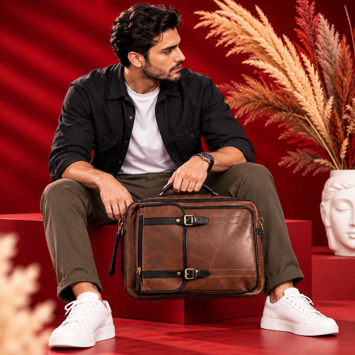 2-in-1 Convertible Leather Laptop Bag & Backpack in Saddle Brown, briefcase mode, seated