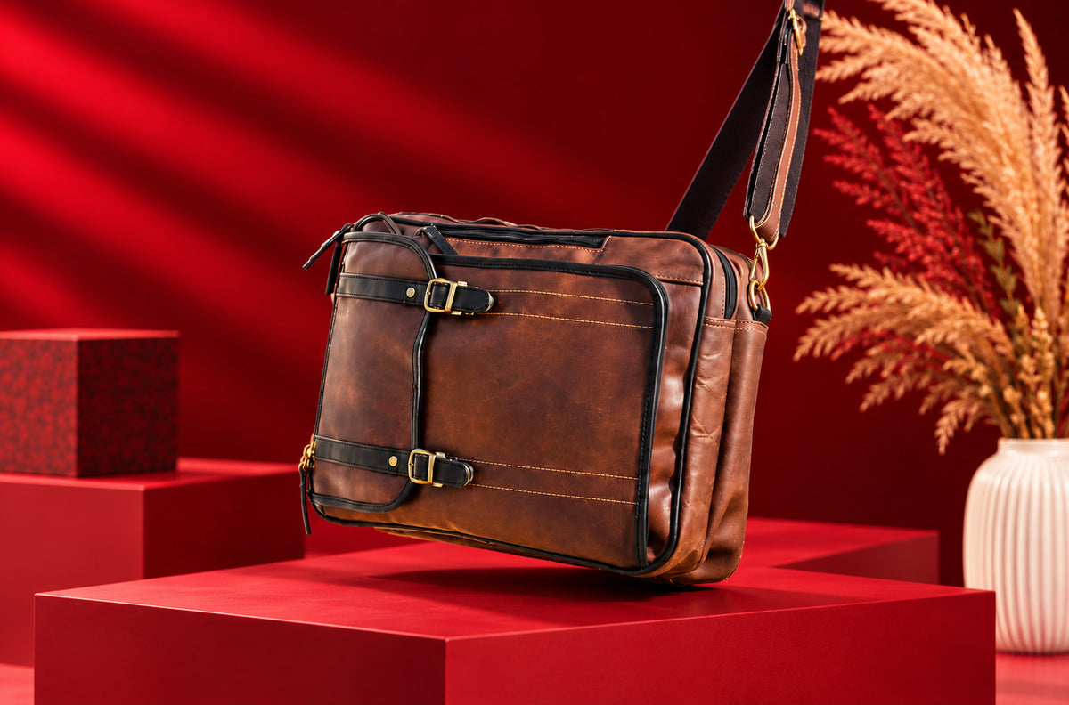 2-in-1 Convertible Leather Laptop Bag & Backpack in Saddle Brown, carried over the shoulder
