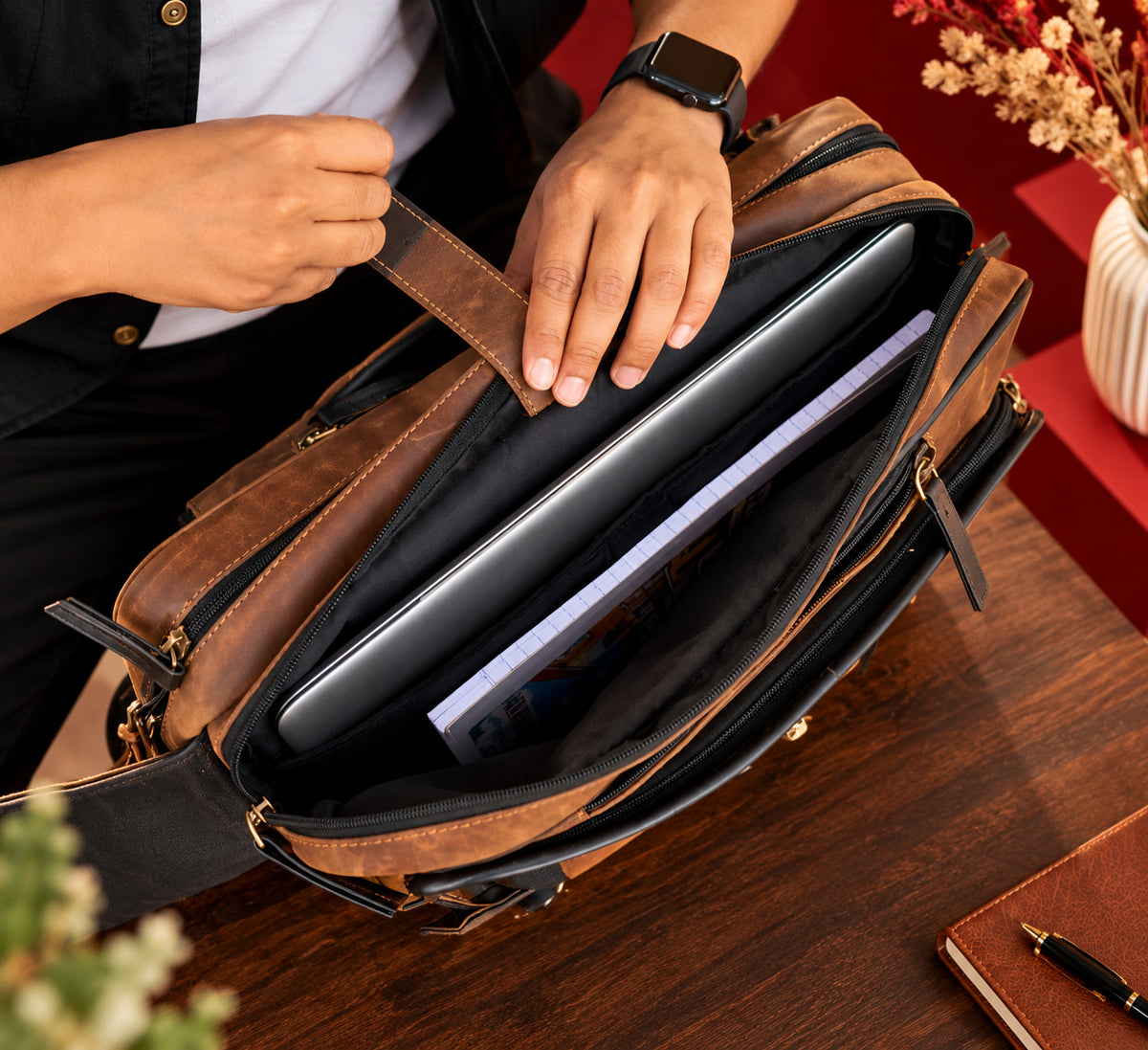 2-in-1 Convertible Leather Laptop Bag & Backpack in Saddle Brown, padded laptop compartment