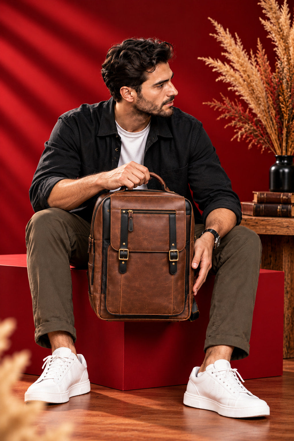 2-in-1 Convertible Leather Laptop Bag & Backpack in Saddle Brown, carried by the top handle