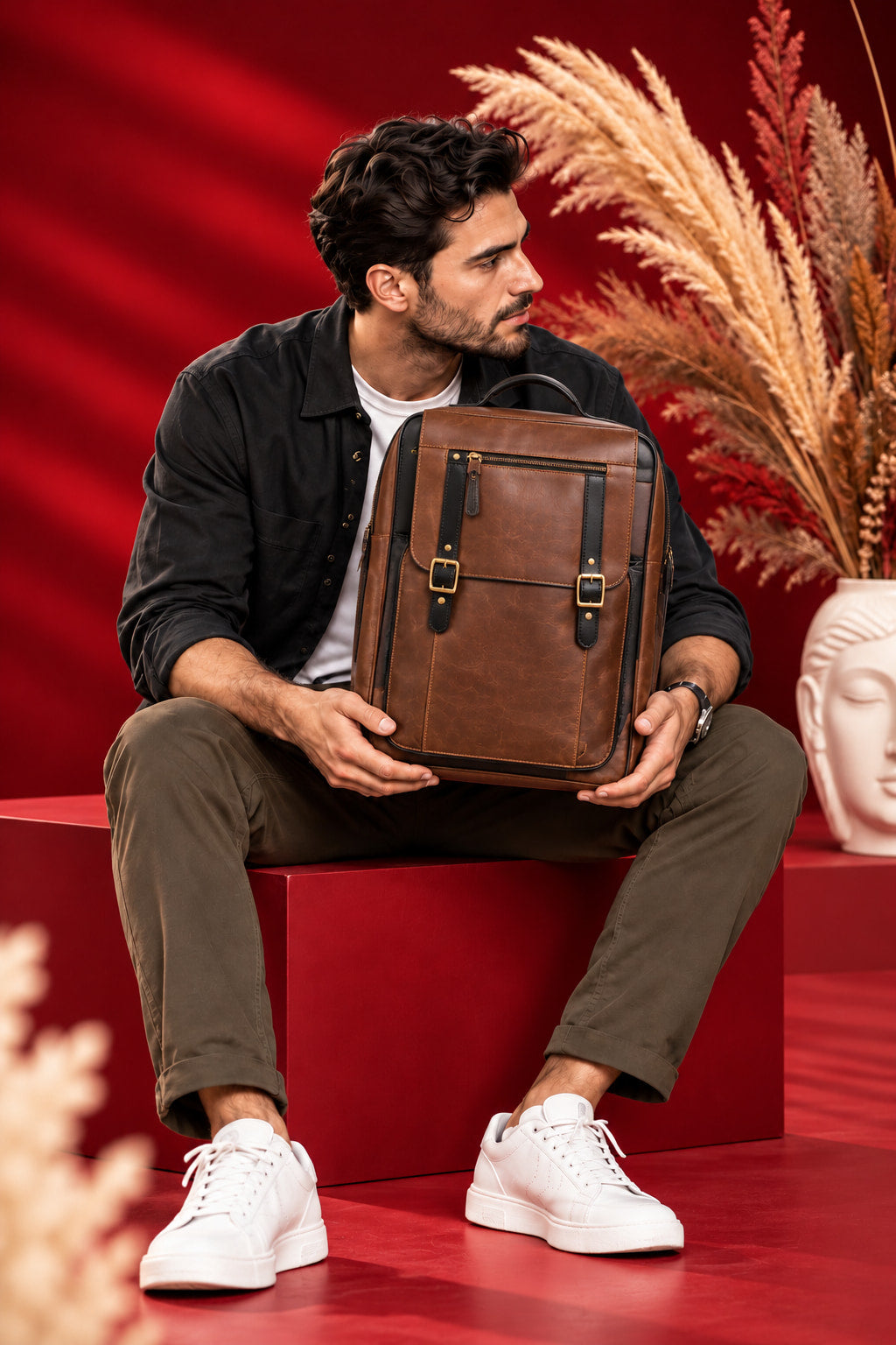 2-in-1 Convertible Leather Laptop Bag & Backpack in Saddle Brown, in hand