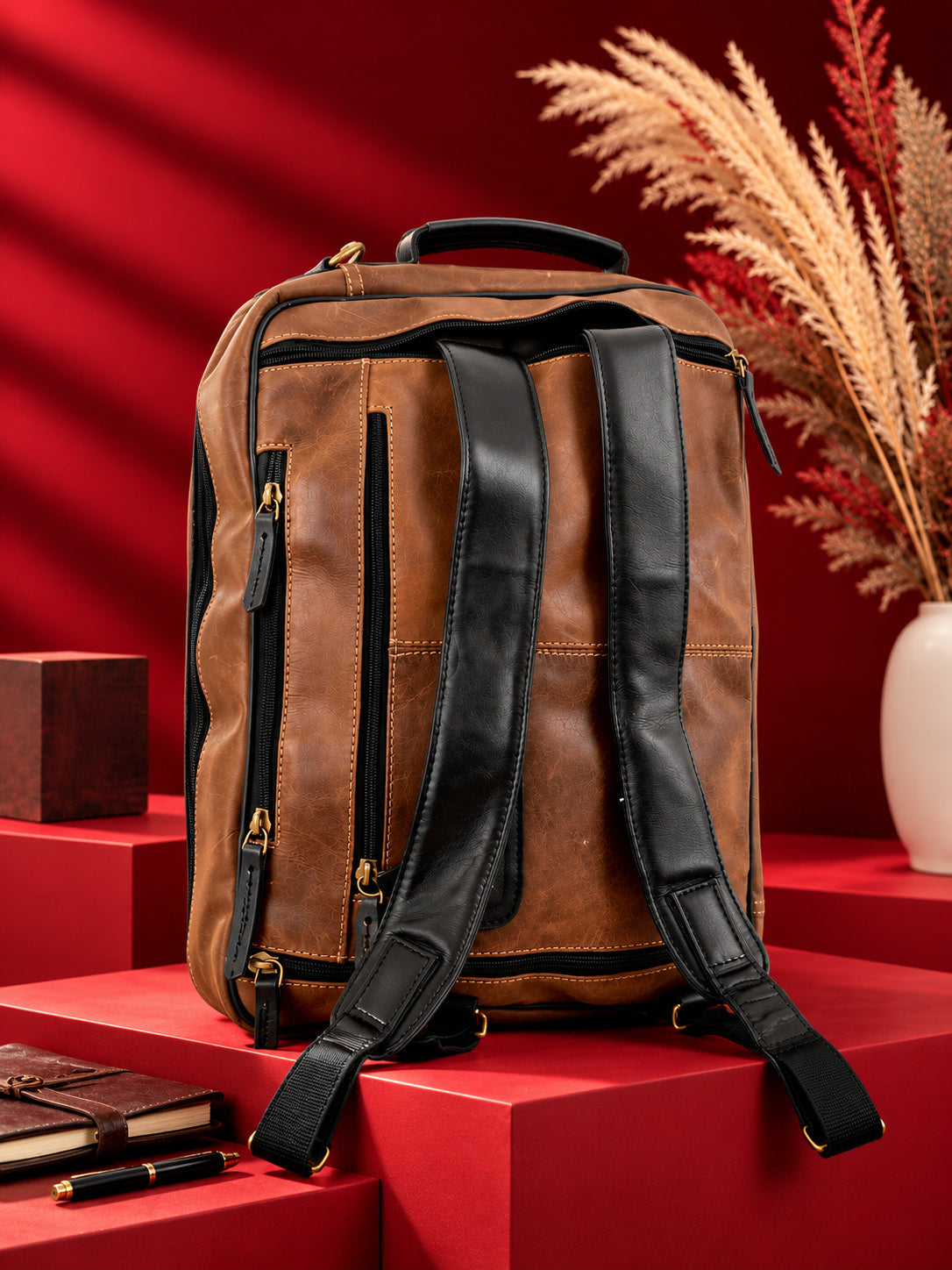 2-in-1 Convertible Leather Laptop Bag & Backpack in Saddle Brown, backpack straps, three-quarter view