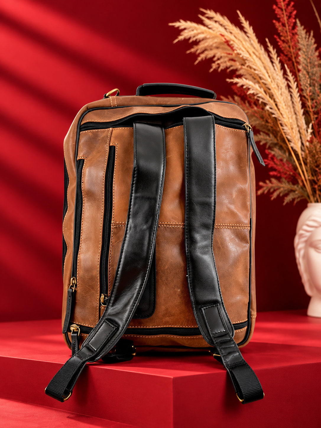 2-in-1 Convertible Leather Laptop Bag & Backpack in Saddle Brown, backpack straps from behind