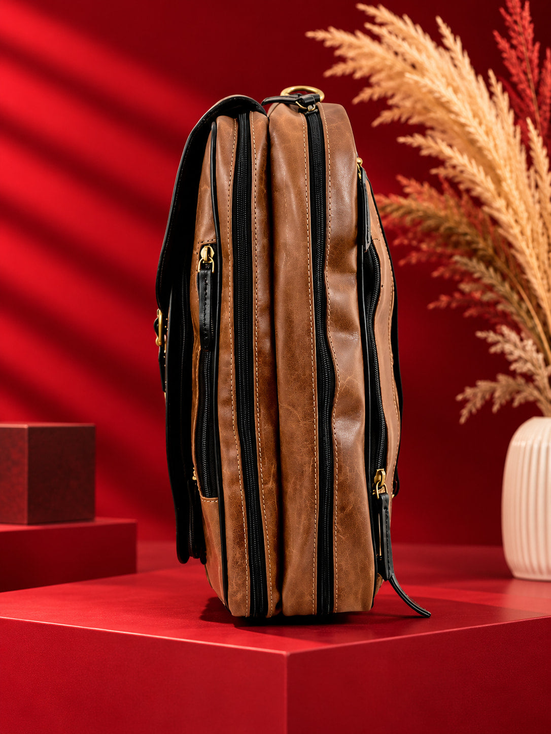 2-in-1 Convertible Leather Laptop Bag & Backpack in Saddle Brown, side view
