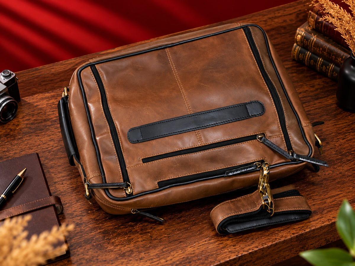 2-in-1 Convertible Leather Laptop Bag & Backpack in Saddle Brown, straps detached, laid flat