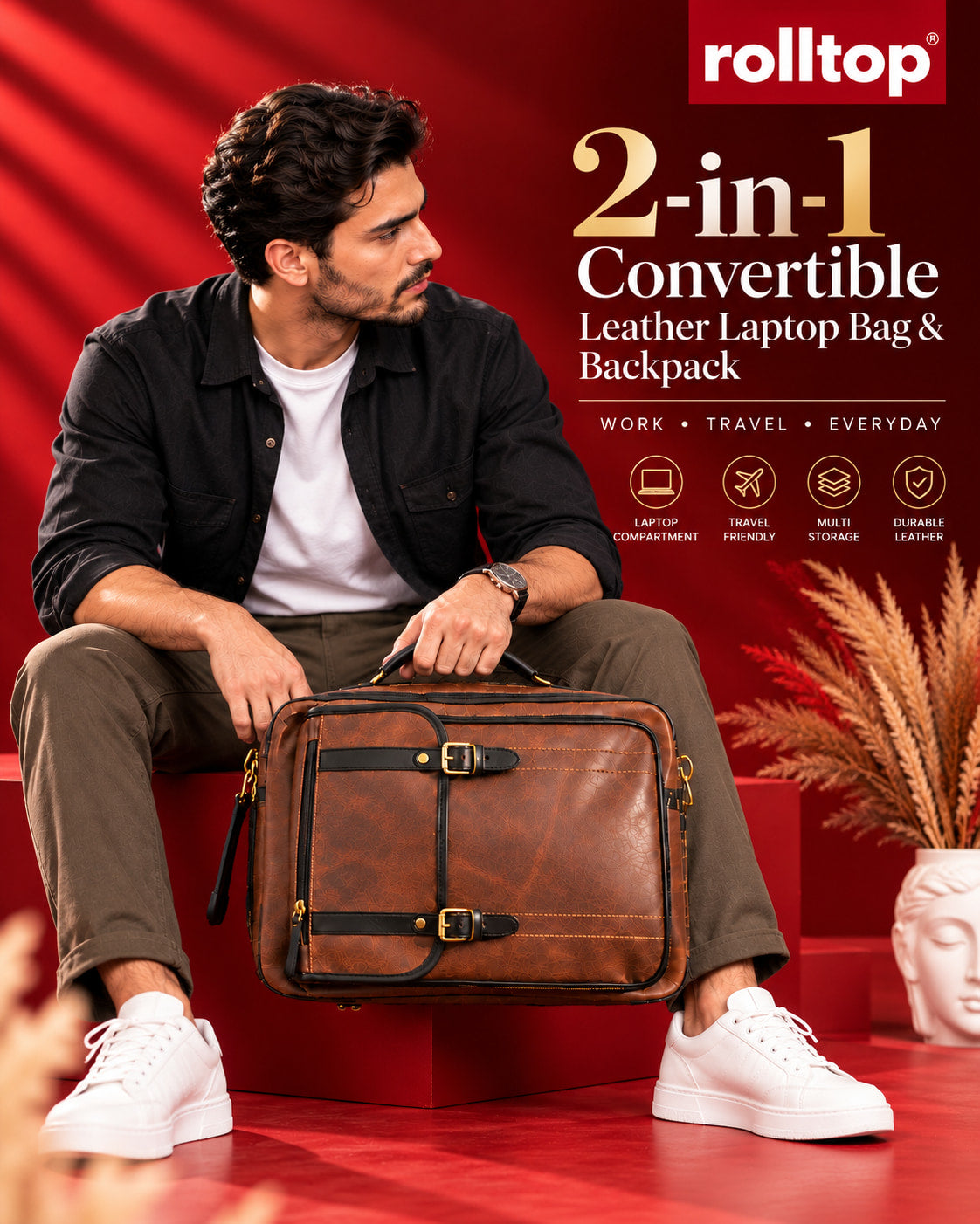 2-in-1 Convertible Leather Laptop Bag & Backpack in Saddle Brown, features at a glance