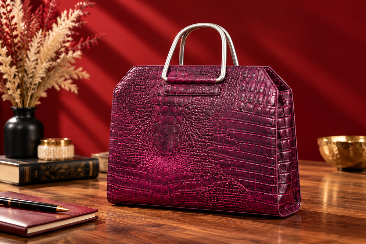 Croc Heritage Handbag in Burgundy Plum, on the desk