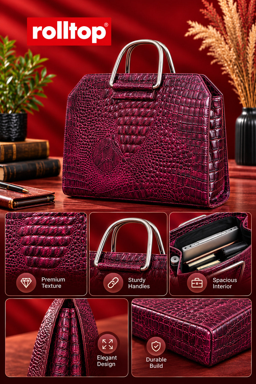 Croc Heritage Handbag in Burgundy Plum, features