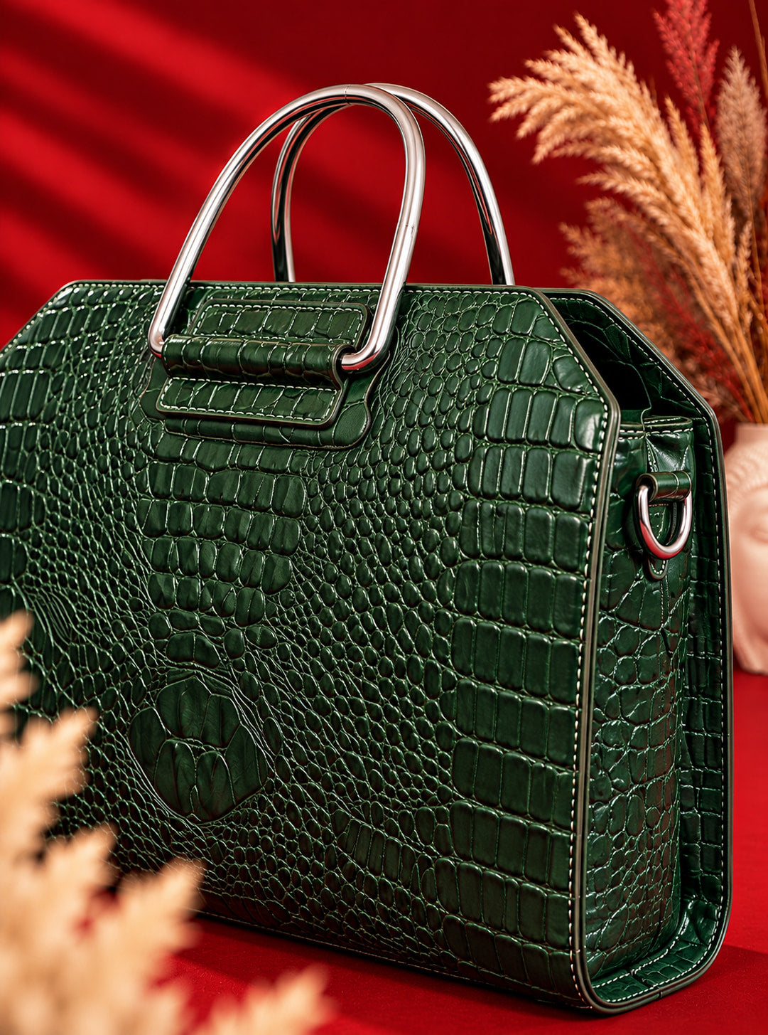 Croc Heritage Handbag in Deep Green, texture and handle close-up