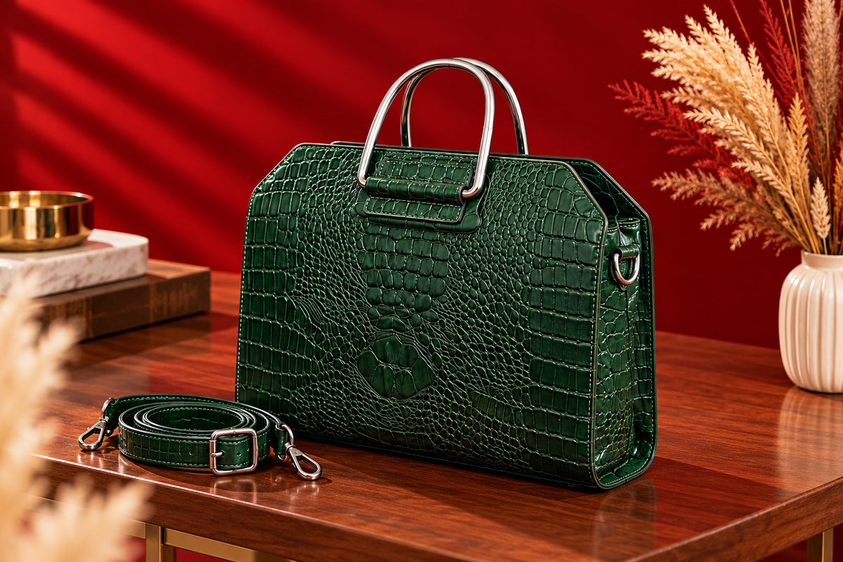 Croc Heritage Handbag in Deep Green, with its shoulder strap