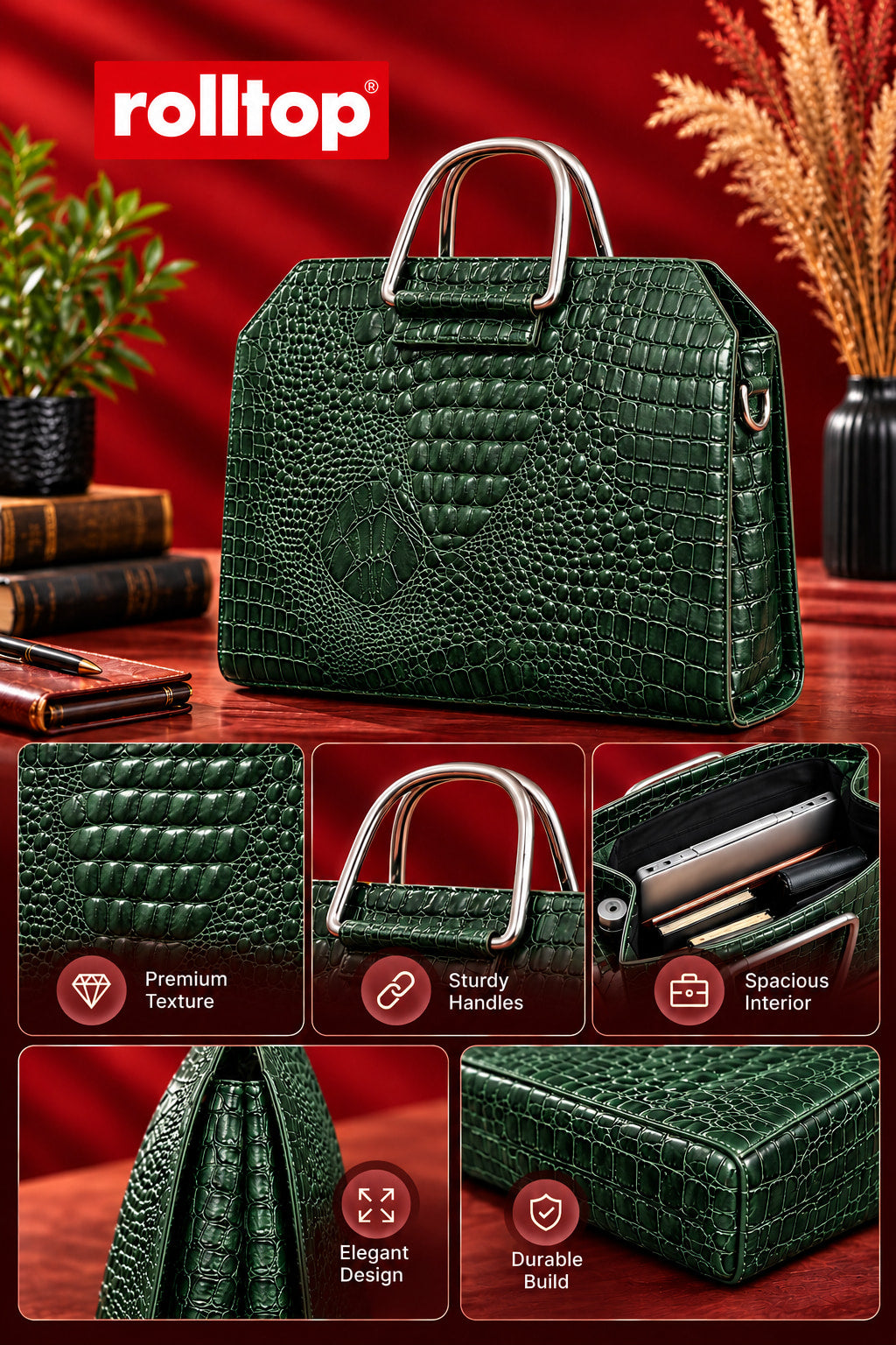 Croc Heritage Handbag in Deep Green, features