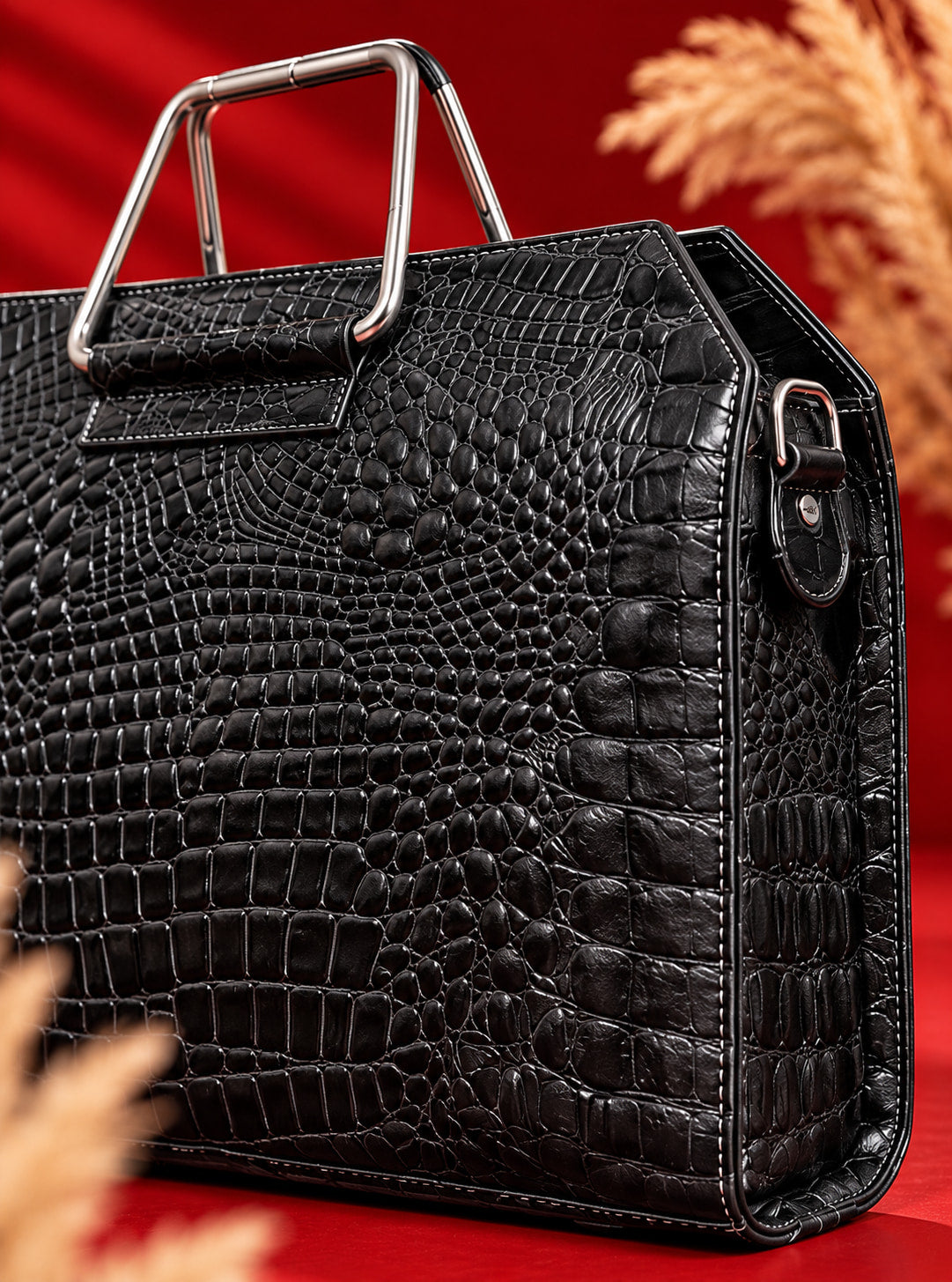 Croc Heritage Handbag in Rich Black, texture and handle close-up