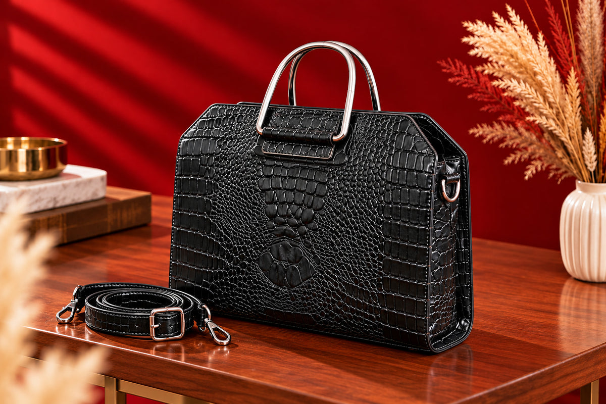 Croc Heritage Handbag in Rich Black, with its shoulder strap