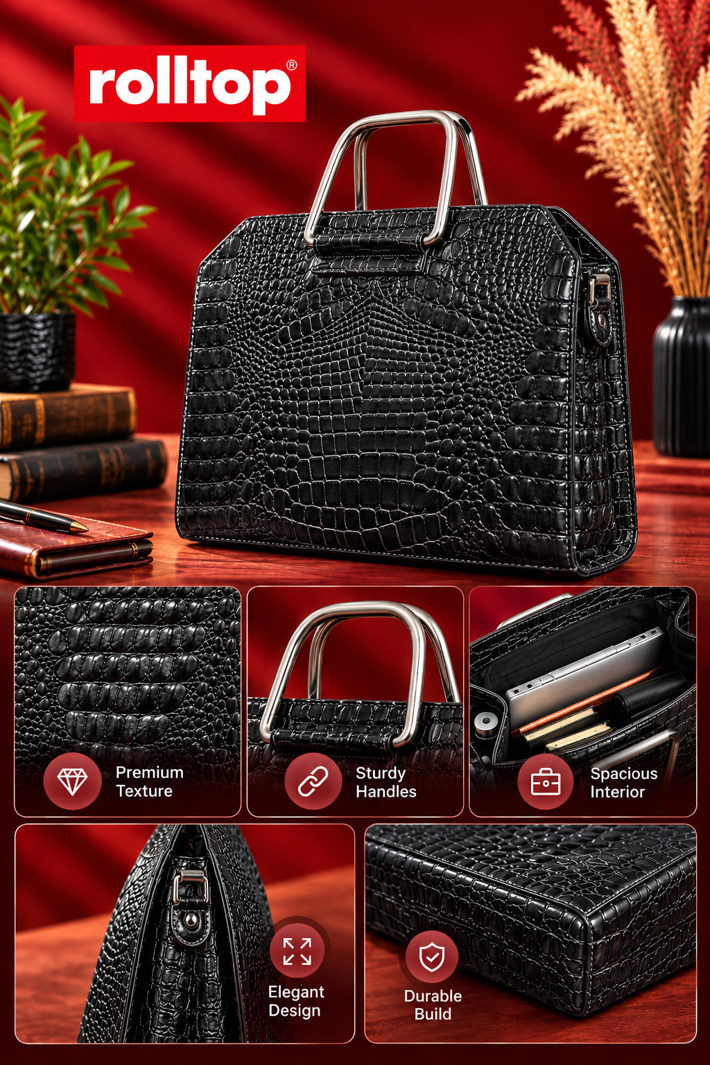 Croc Heritage Handbag in Rich Black, features