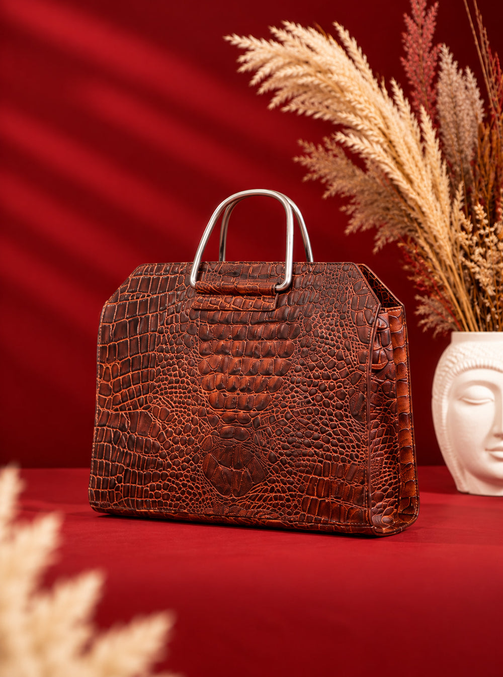 Croc Heritage Handbag in Rich Cognac Brown, front
