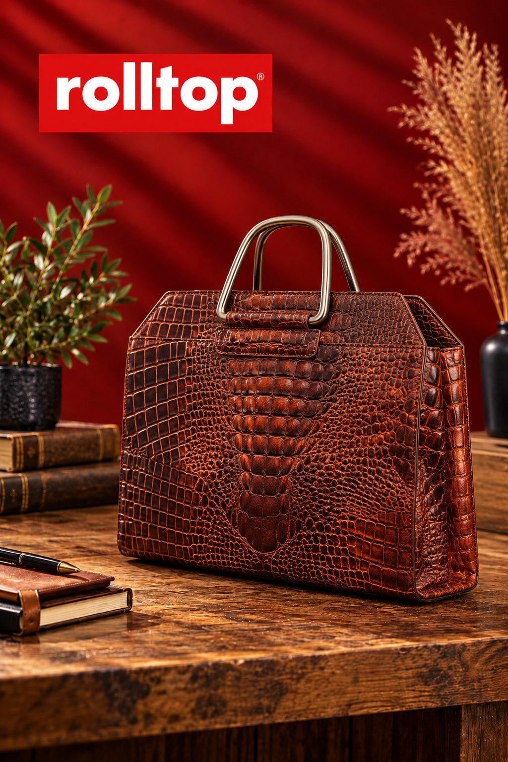 Croc Heritage Handbag in Rich Cognac Brown, on the desk