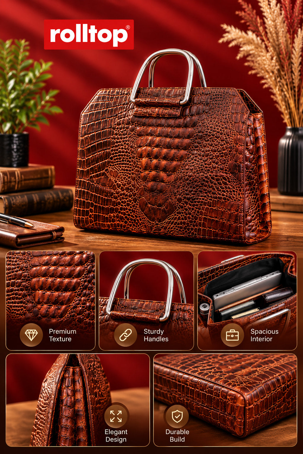 Croc Heritage Handbag in Rich Cognac Brown, features