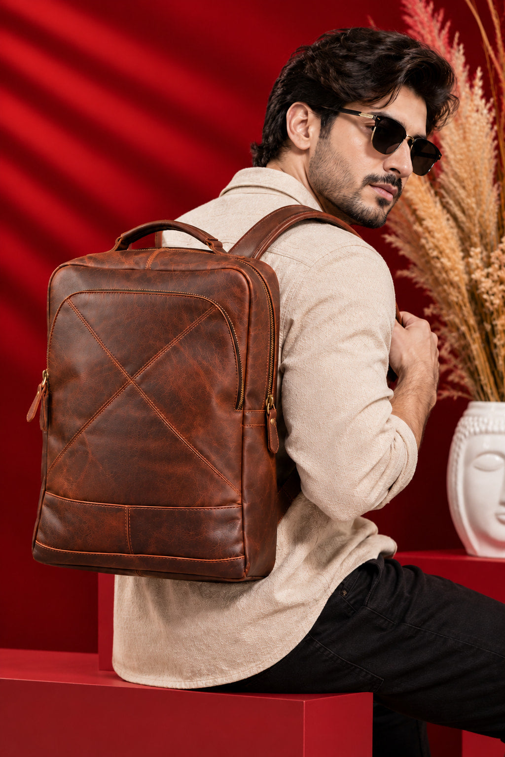 Crossline Backpack in Cognac Brown, worn on the back