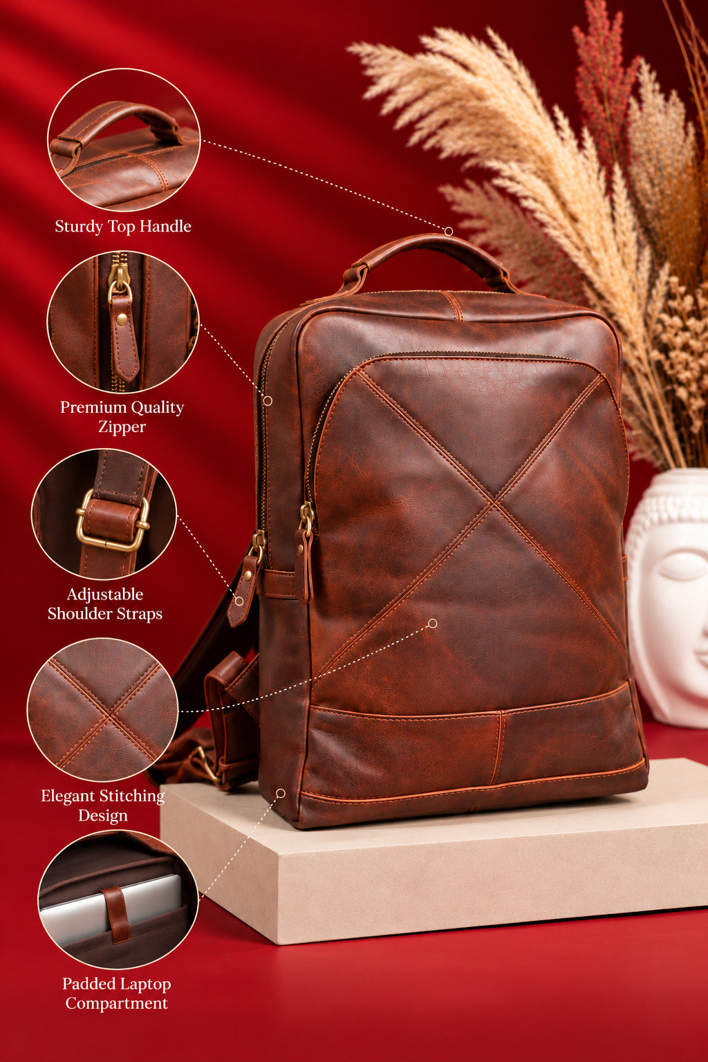 Crossline Backpack in Cognac Brown, handle, zip, strap and stitch details