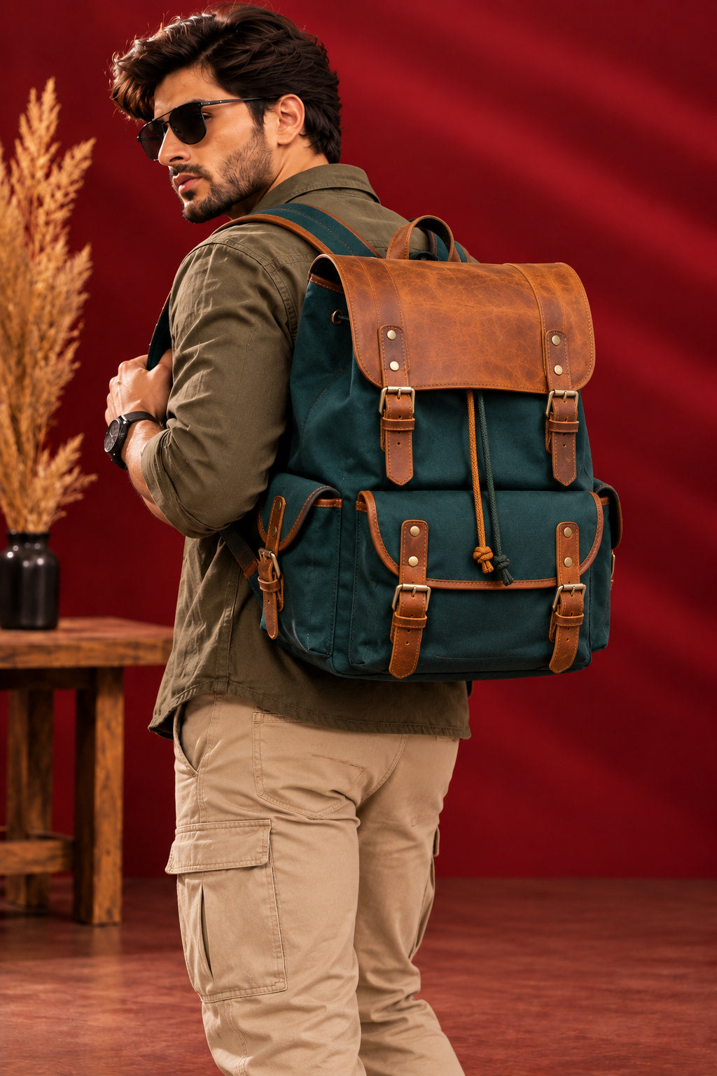 Explorer Canvas Backpack in Forest Green, worn on the back
