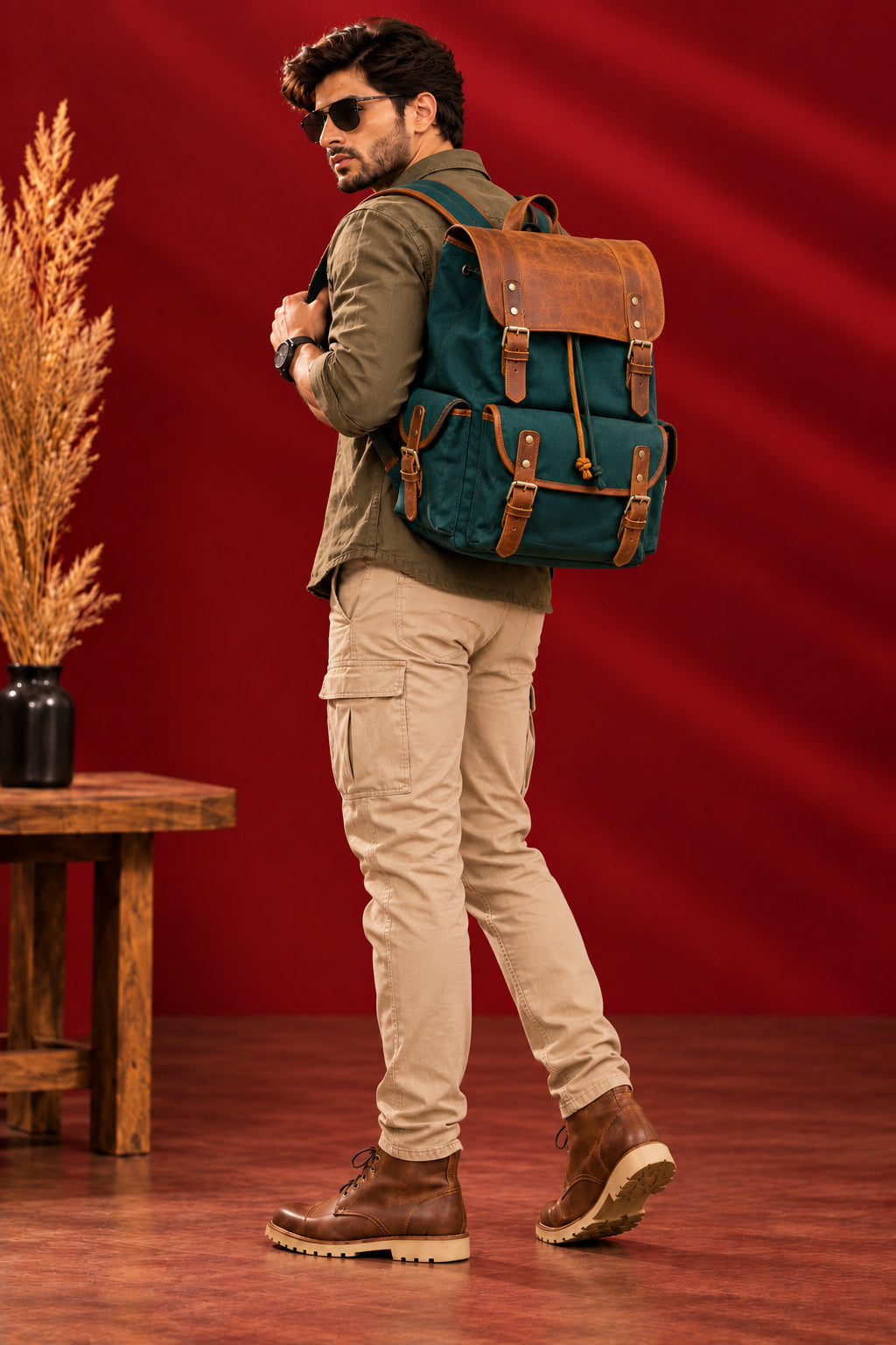 Explorer Canvas Backpack in Forest Green, on the move