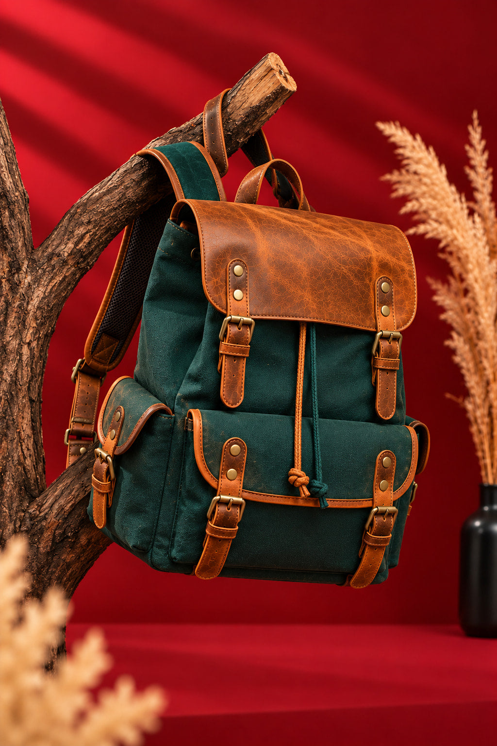 Explorer Canvas Backpack in Forest Green, hung by the top handle