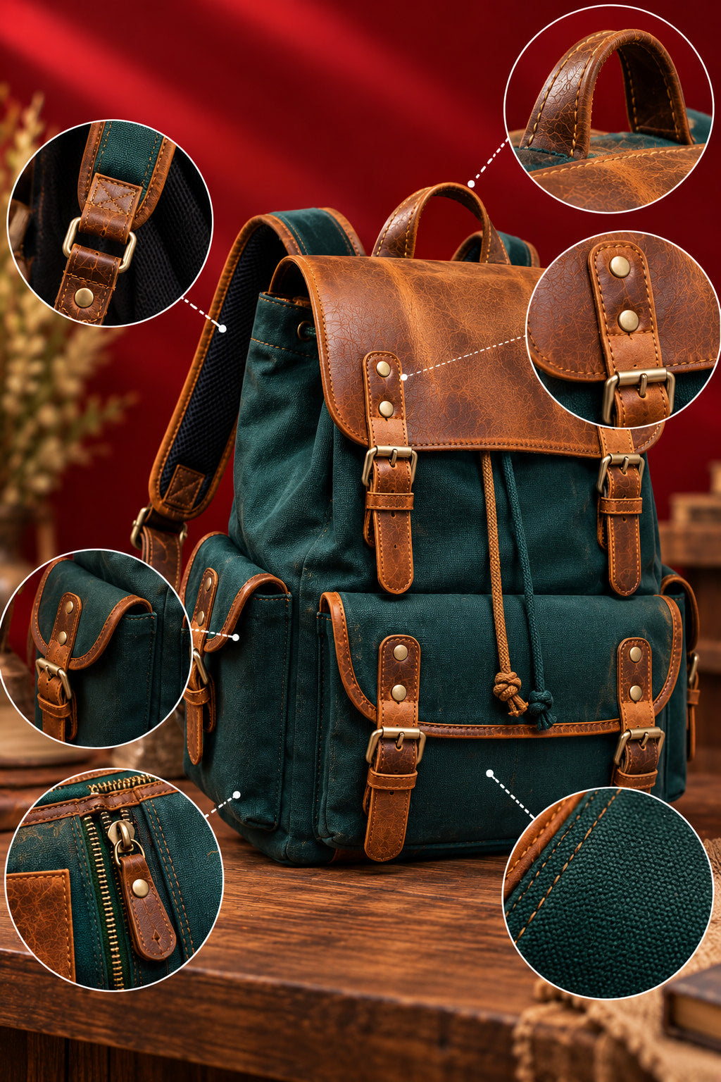 Explorer Canvas Backpack in Forest Green, handle, strap, buckle and zip details