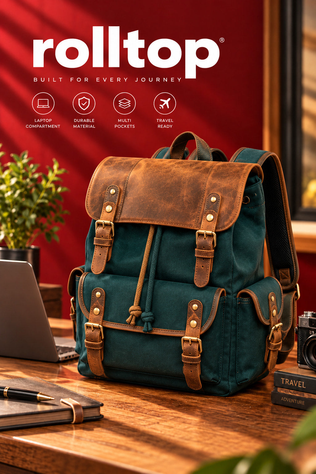 Explorer Canvas Backpack in Forest Green, on the desk