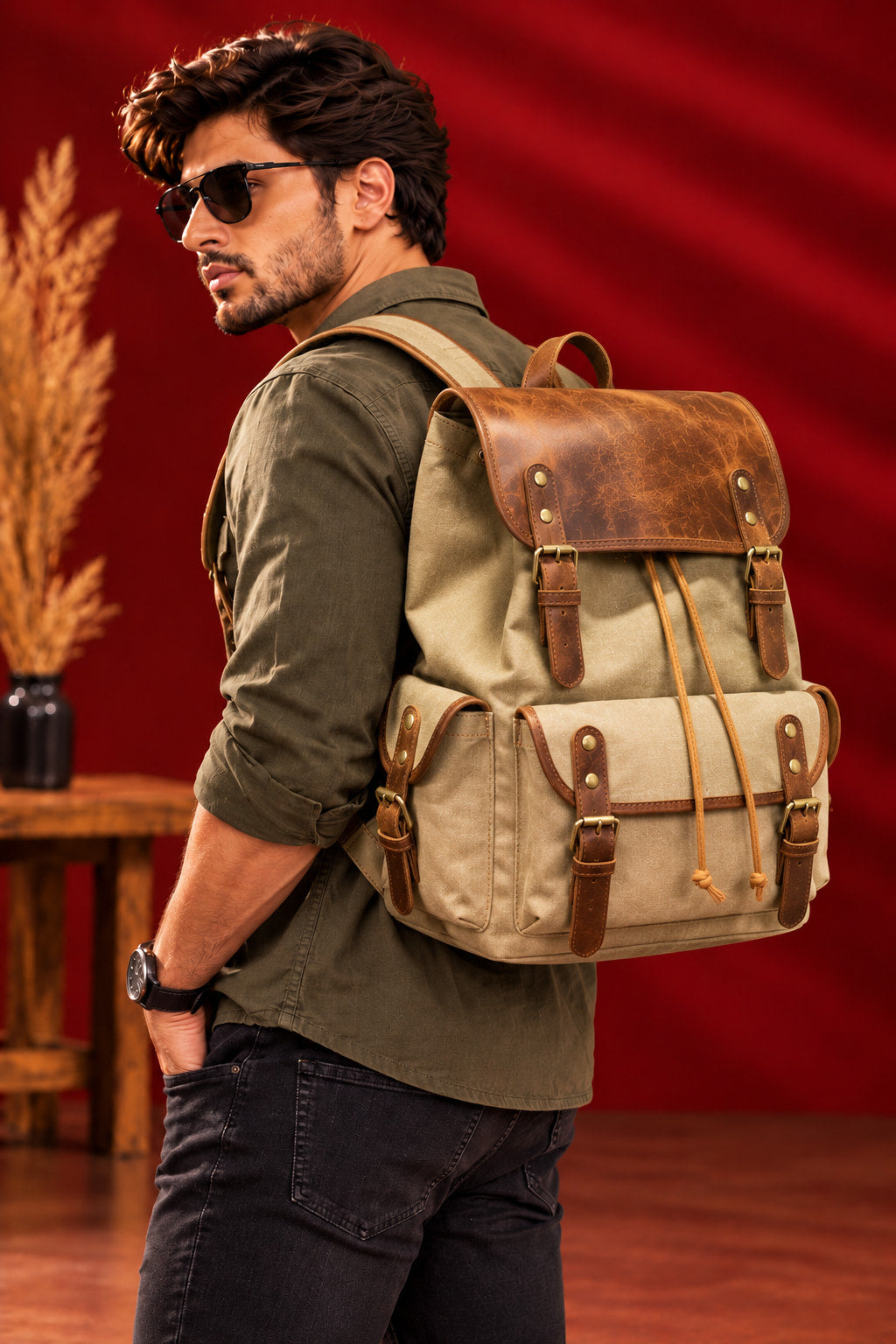 Explorer Canvas Backpack in Khaki, worn on the back
