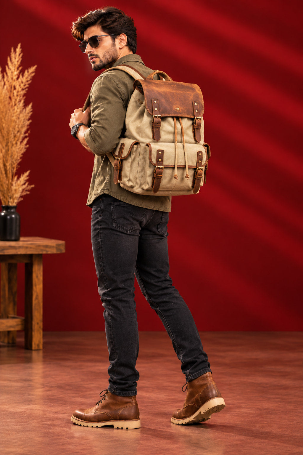Explorer Canvas Backpack in Khaki, on the move