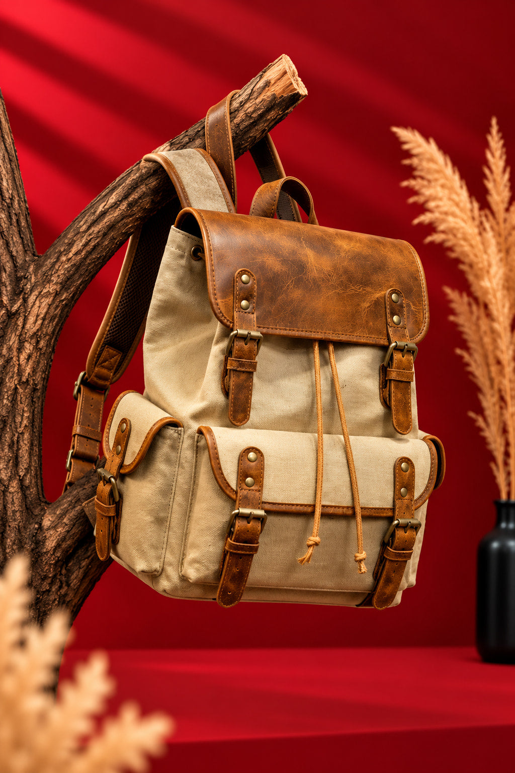 Explorer Canvas Backpack in Khaki, hung by the top handle