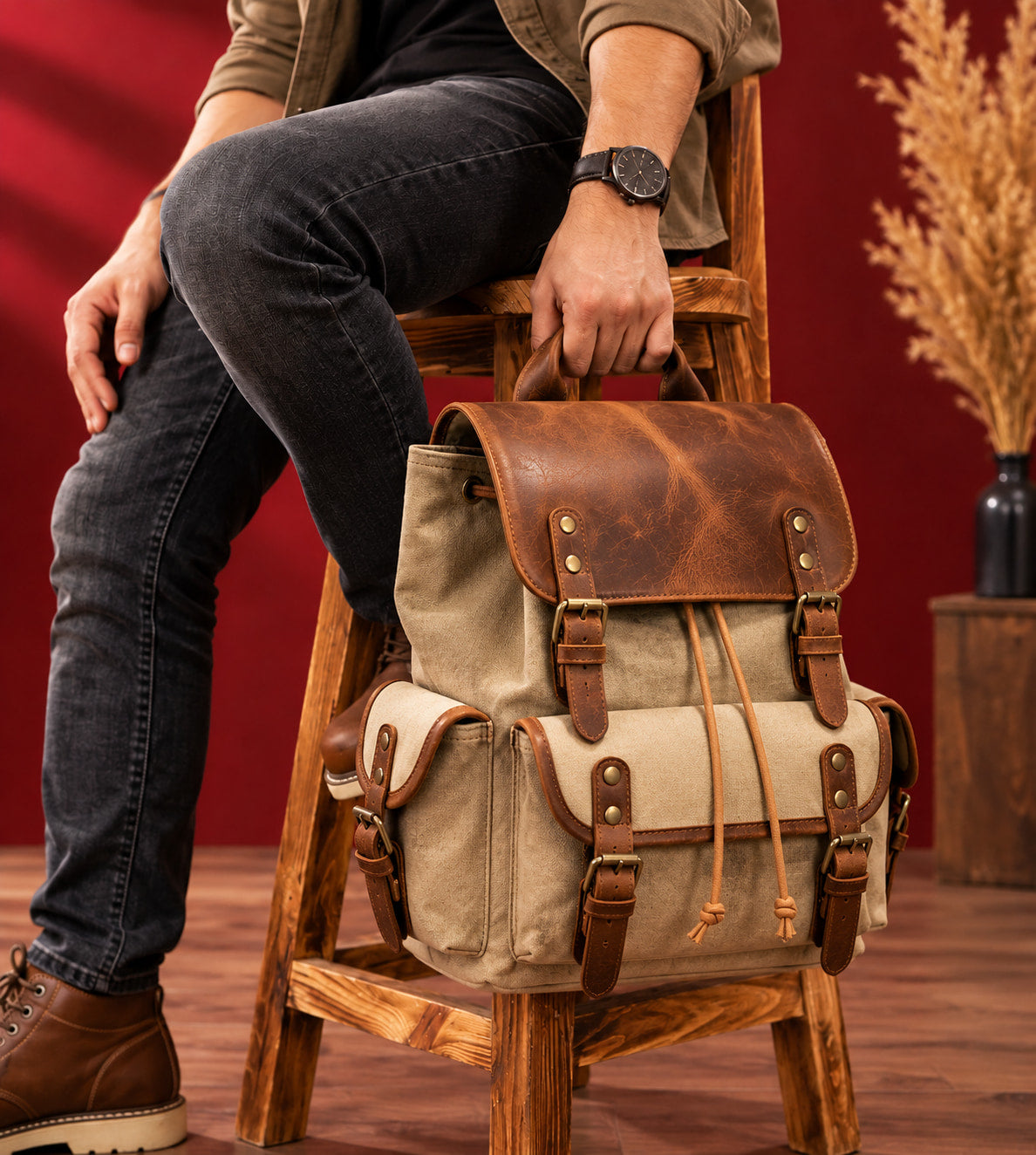 Explorer Canvas Backpack in Khaki, carried by the top handle