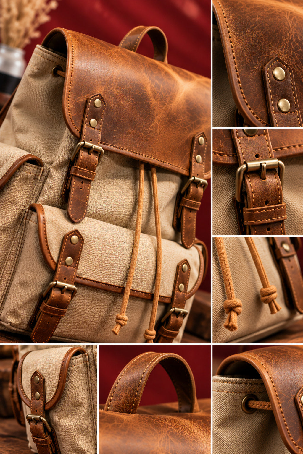 Explorer Canvas Backpack in Khaki, flap, buckle and drawstring details