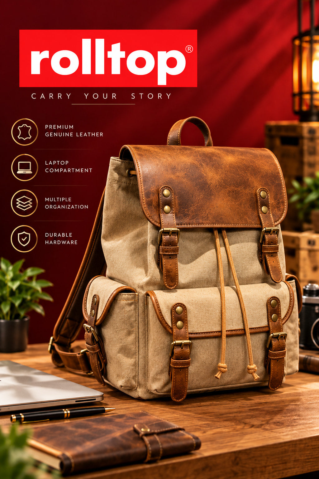 Explorer Canvas Backpack in Khaki, features