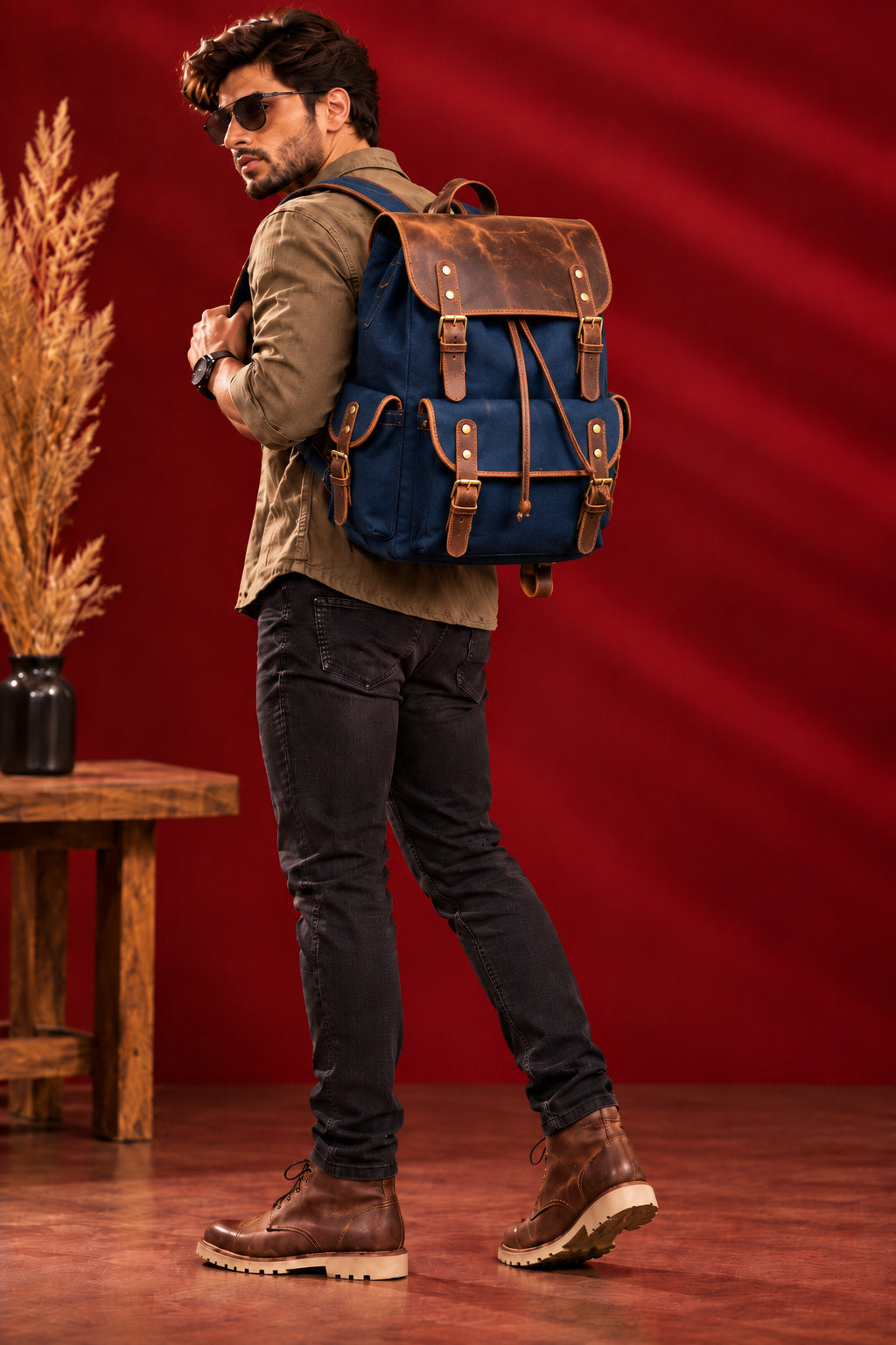 Explorer Canvas Backpack in Navy Blue, on the move