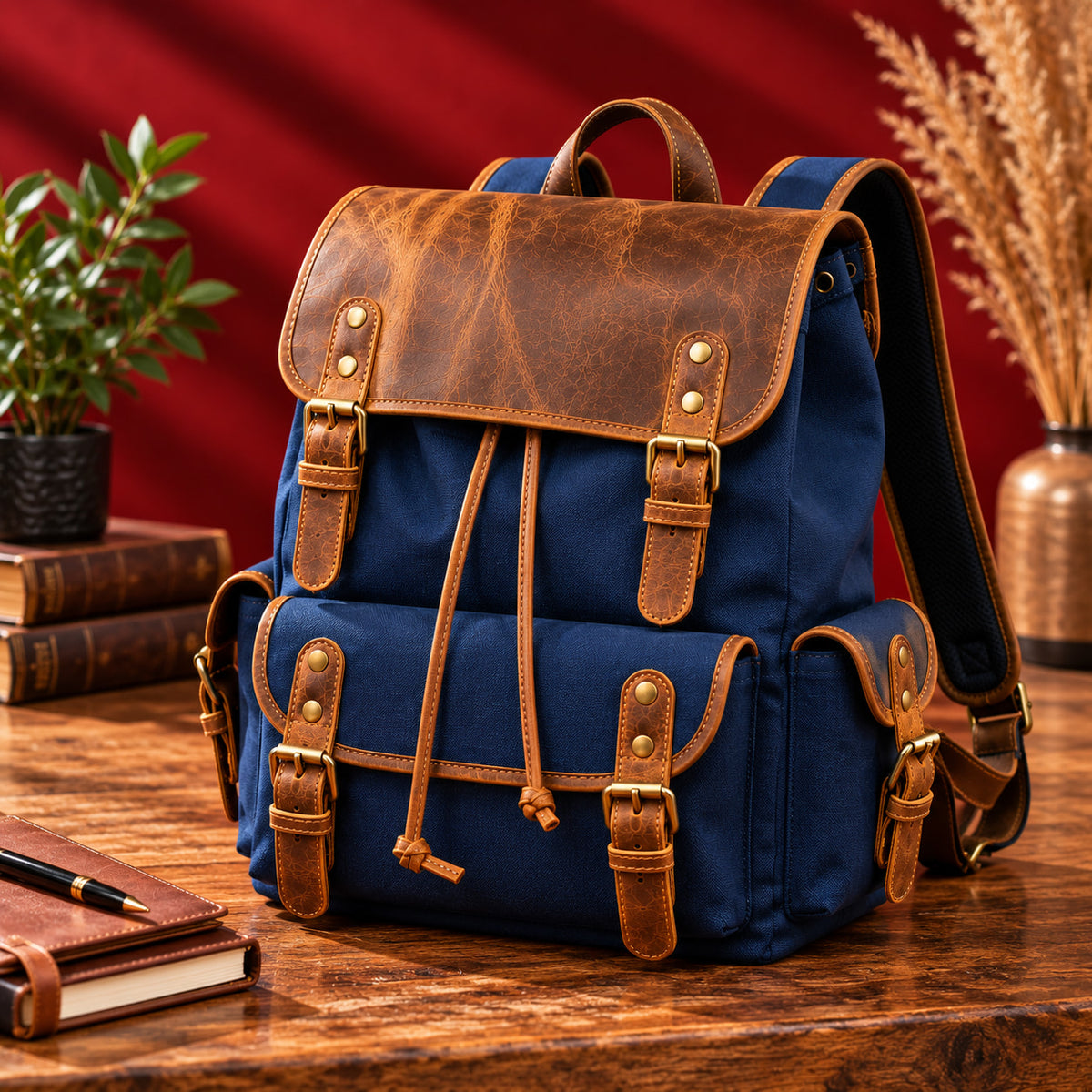 Explorer Canvas Backpack in Navy Blue, three-quarter view