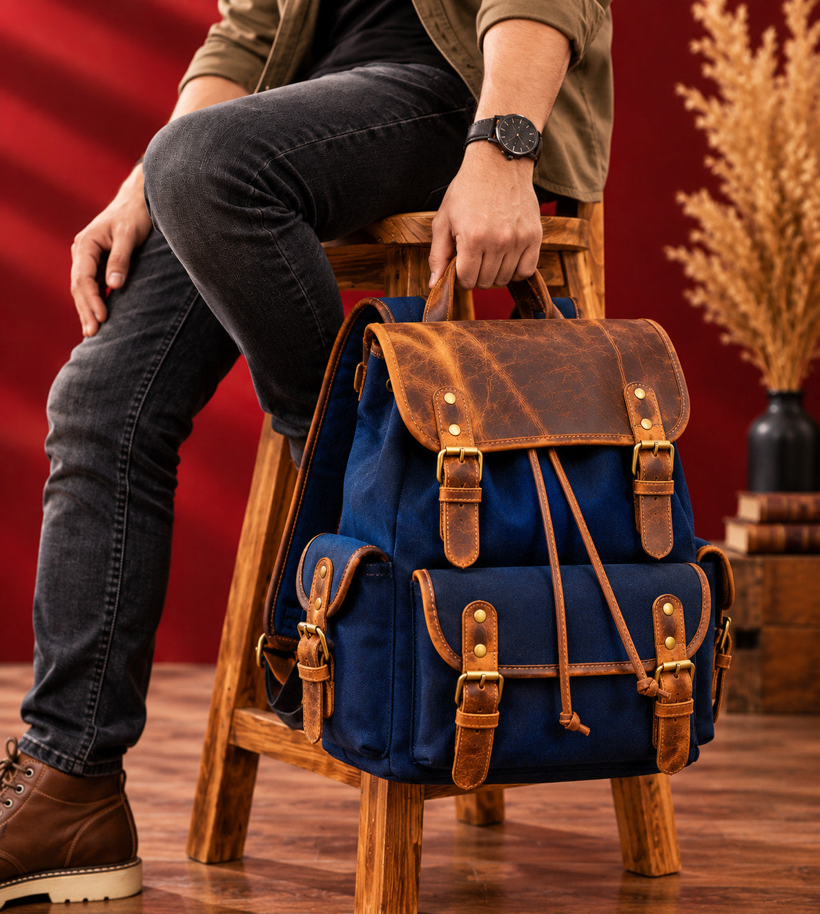 Explorer Canvas Backpack in Navy Blue, carried by the top handle