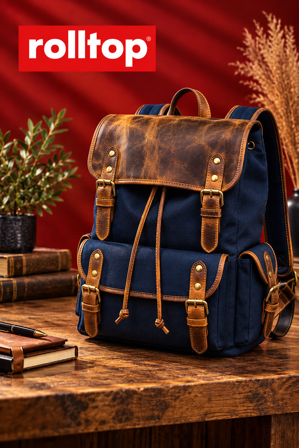 Explorer Canvas Backpack in Navy Blue, on the desk