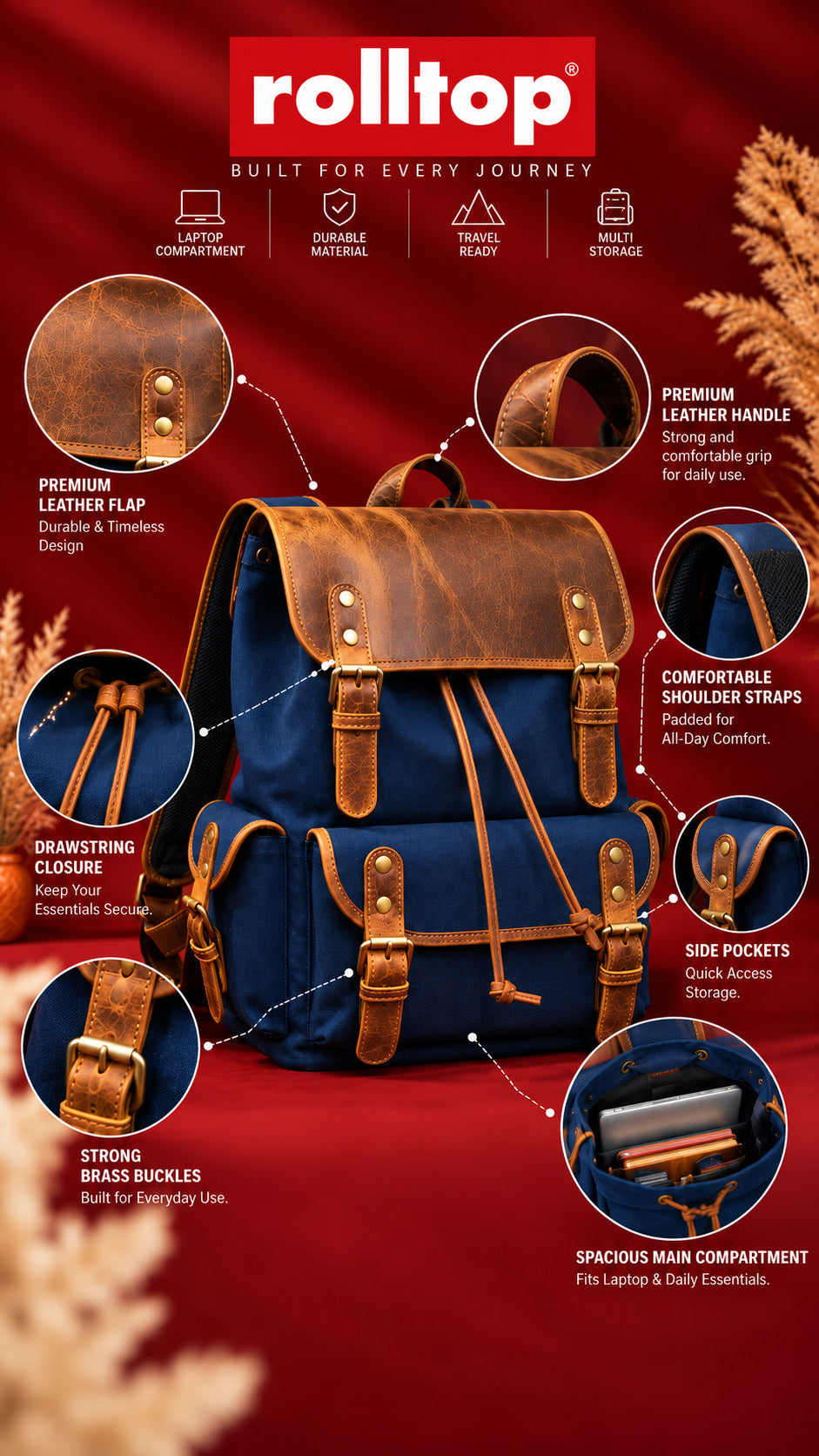 Explorer Canvas Backpack in Navy Blue, features