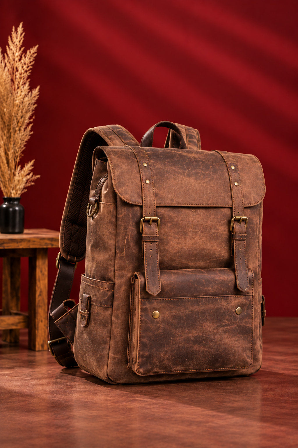 Heritage Flap Backpack in Antique Brown, three-quarter view