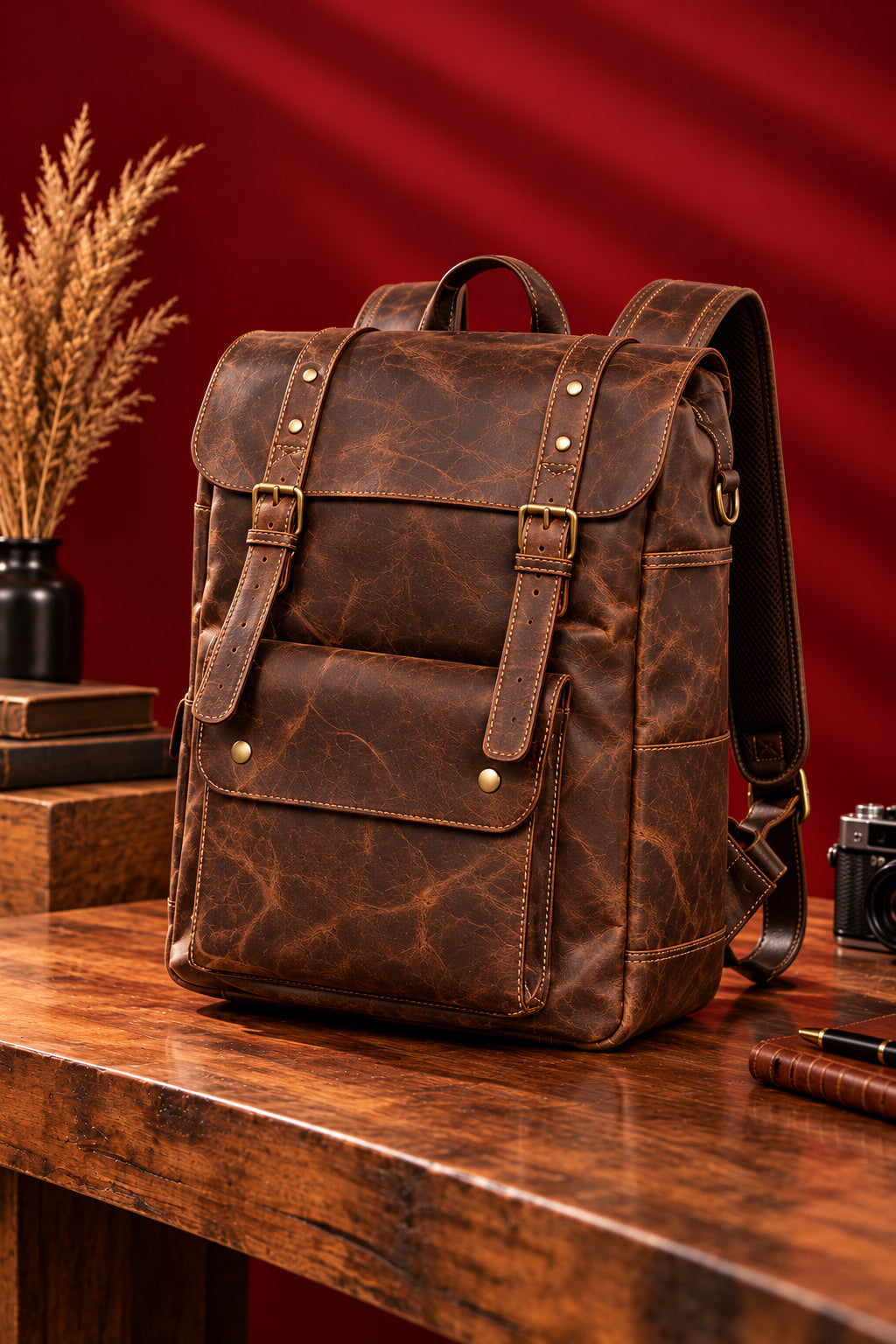 Heritage Flap Backpack in Antique Brown, on the desk