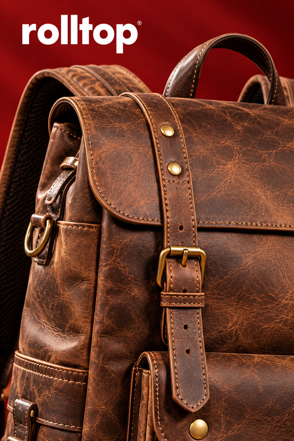 Heritage Flap Backpack in Antique Brown, buckle and leather close-up